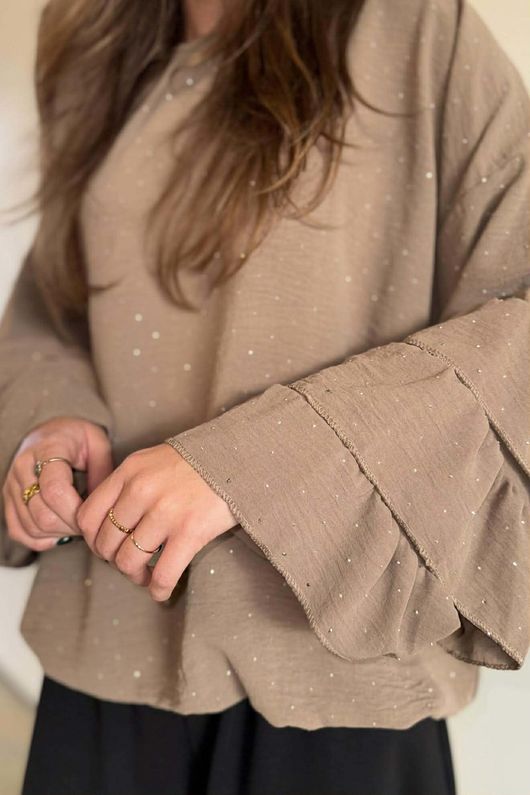 Stella Micro Stud Ruffle Blouse Mocha